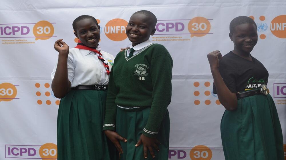 Some of the school girls who attended the World Population Day celebrations in Arua on July 11 and were able to learn about making healthy choices to prevent teenage pregnancy and stay in school.